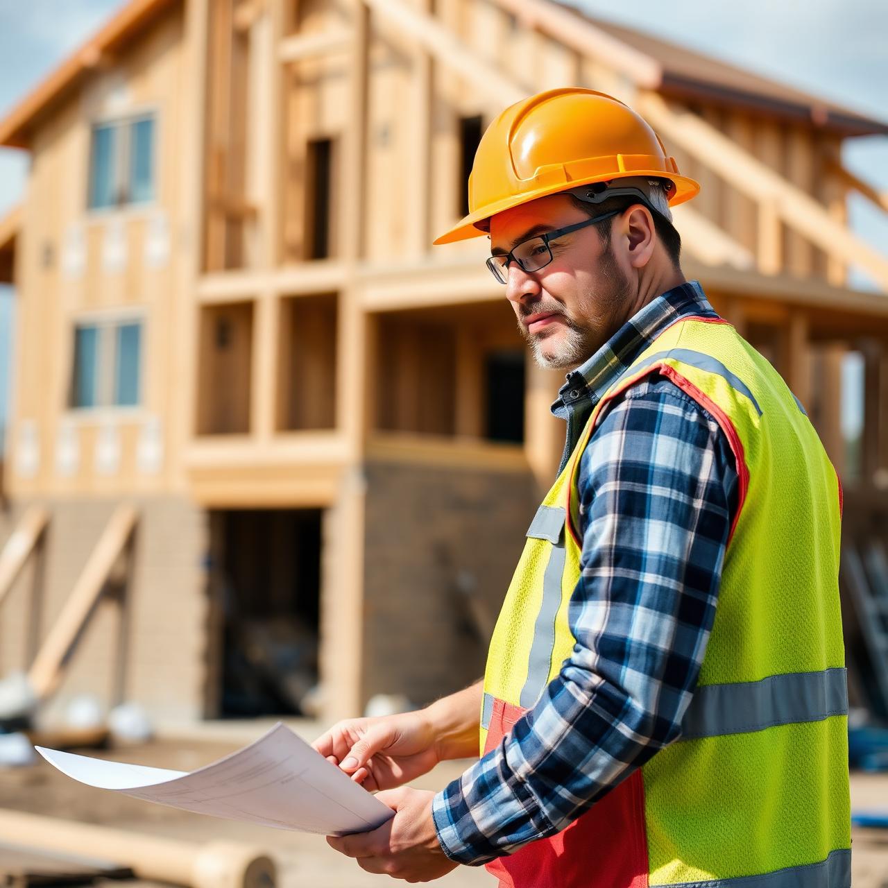 Contractor reviewing plans at a framed jobsite