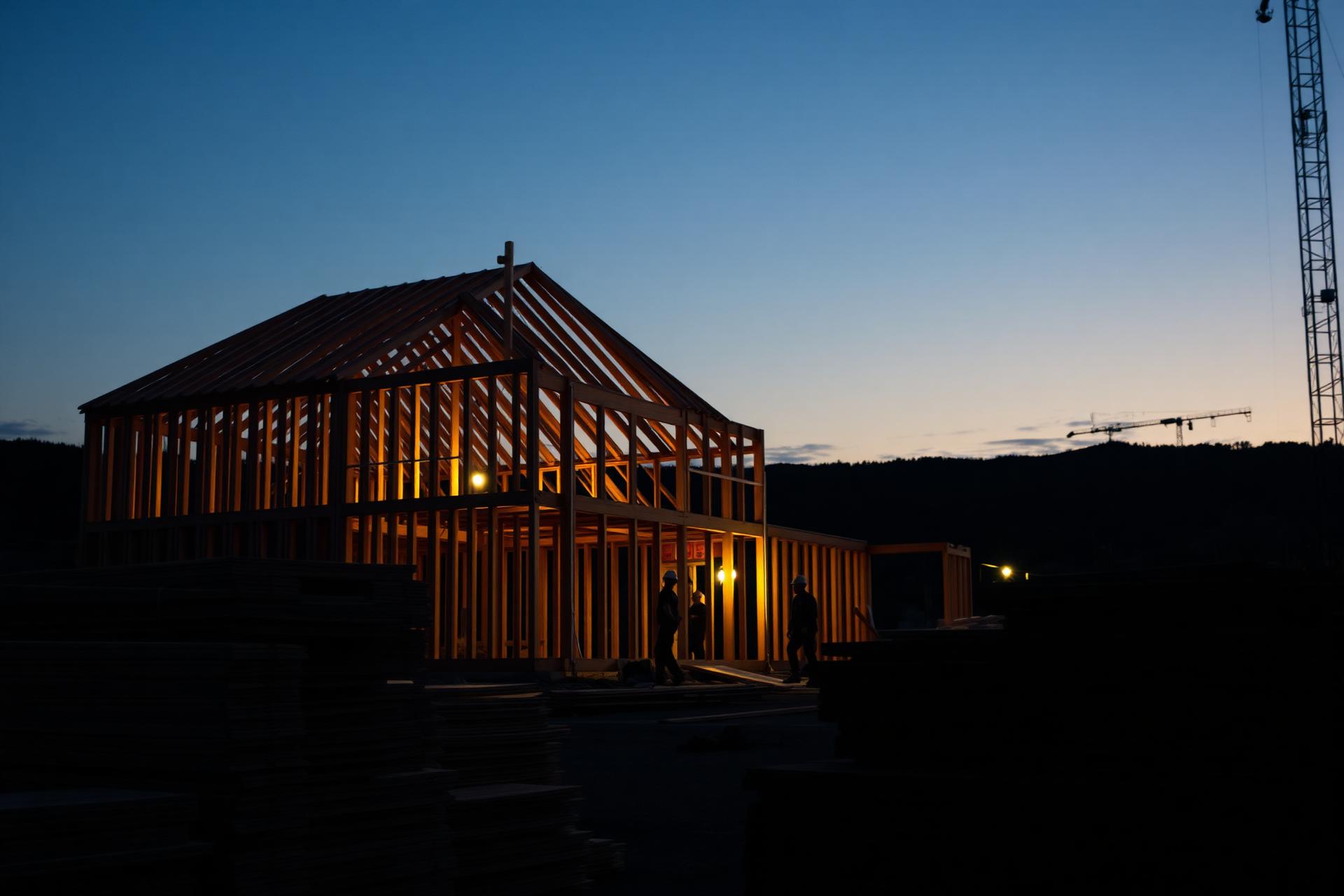 Construction jobsite at dusk with framed home and lumber stacks